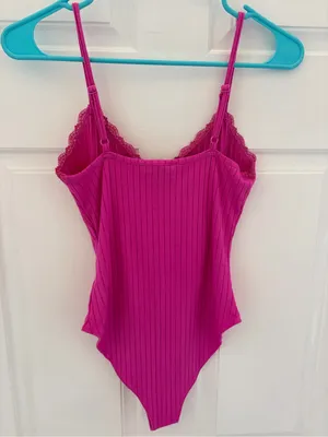 Forever 21 Fuchsia Ribbed Lace-Trim One-Piece thumbnail 4