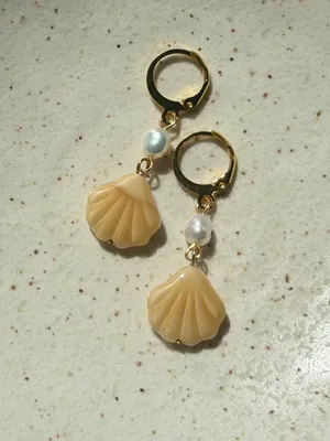 Handmade quality Czech glass beads shell & freshwater pearls dangle earrings 🐚🩵 thumbnail 5