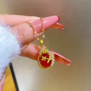 18K Gold Plated Birthstone Crystal Flower Teardrop Ruby Pendant Necklace for Women thumbnail 4