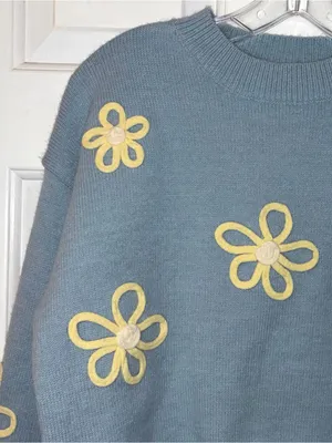 Listicle Pale Blue & Yellow Crewneck Crop Boxy Raised Floral Sweater thumbnail 3
