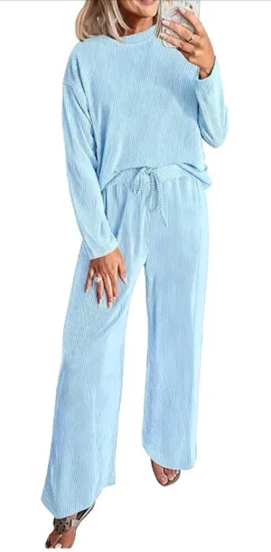 NEW 2 Pc Lounge Travel Outfit Ribbed Knit Long Sleeve Wide Leg XL thumbnail 1