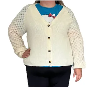 Lane Bryant V Neck Cardigan Pointelle Balloon Sleeve 14/16 1X Cream Twee Coquett thumbnail 1