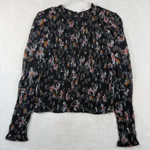 Veronica Beard Smocked Floral Blouse Black Pink Long Sleeve Top Size 4 thumbnail 1