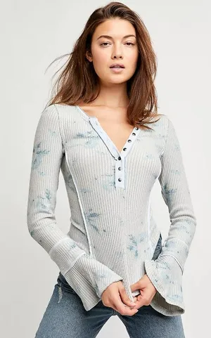 Free People Gray Blue Ribbed Henley Loungewear Top Long Sleeves Women size Large thumbnail 1
