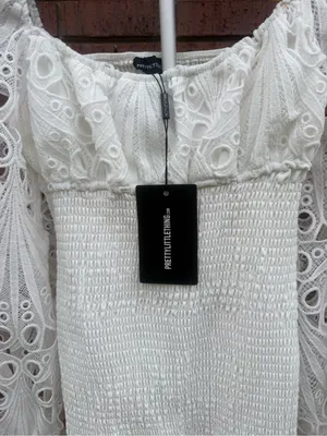 Pretty Little Thing White Lace Sleeve Shirred Bodycon Mini Dress Size 6 New NWT thumbnail 3