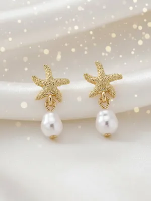 Gold Starfish Pearl Earrings thumbnail 3