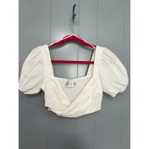 Hello Molly White Linen Cotton Puff Sleeves Criss Cross Smocked Crop Top S thumbnail 2