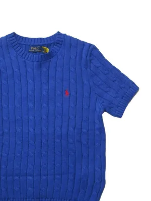 NWT Polo Ralph Lauren Cable-Knit Cotton Short-Sleeve Sweater in Blue M thumbnail 3