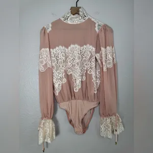 We Are HAH x Revolve Queen 4 A Day Lace Chiffon Bodysuit in Copper Rose size XS thumbnail 4