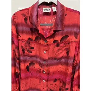 Vtg Chico's Design Silk Button Up Shirt Size Large Red Tropical Floral‎ Blouse thumbnail 2