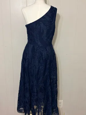 Dress the Population One Shoulder Textured Midi Dress Navy Blue Size L thumbnail 4