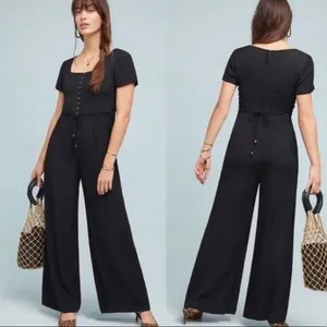 Maeve Anthropologie Black Square‎ Neck Button Front Wide Leg Jumpsuit Size 4 thumbnail 9