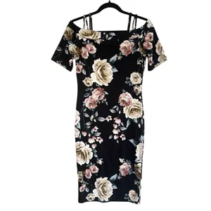 Haute Monde Floral Midi Dress M Black Off The Shoulder Sheath Bodycon‎ Pink Rose thumbnail 7