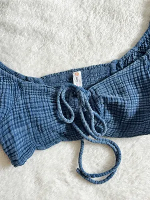 Anthropologie Daily Practice Blue Smocked Tie Front Crop Top M thumbnail 3