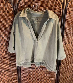 Aerie Green Crop Short Sleeve Collared Sweatshirt Size M thumbnail 1