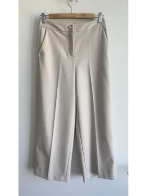 Zara Wide Leg Cropped Pants Cream High Rise Gold Button Stretch XS 24 thumbnail 3