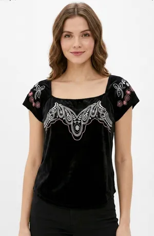 Free People Black Velvet Top with Embroidered Details M thumbnail 1