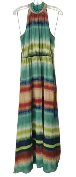 Taylor NWT Printed Chiffon Mock Neck Sleeveless Gathered Maxi Dress Rust Teal 6‎ thumbnail 1