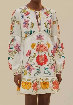 Farm Rio Floral Insects Mini Dress Small White Boho Tiered Whimsical Cottagecore thumbnail 1