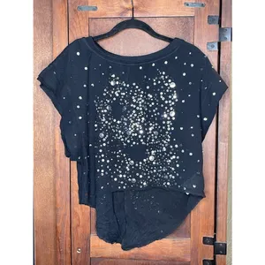 Free People Embellished Distressed Knit Top Black Sequin Rhinestone Tee Y2K S thumbnail 2