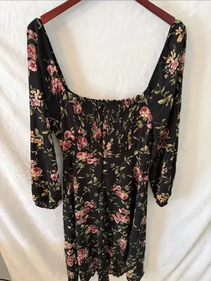 Forever 21 Black Floral Long-Sleeve Midi Dress with Pink Roses thumbnail 5