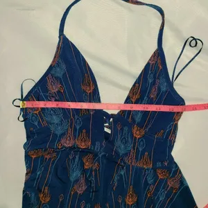 Free People Blue Peacock feather print Lined Halter Dress Boho Extra Small‎ XS thumbnail 9