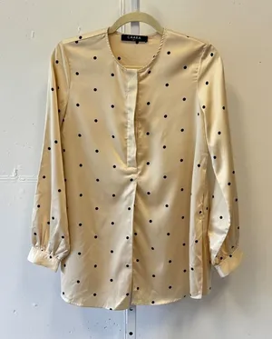CAARA Polka Dot Satin Long Sleeve Blouse Cream Black Size Small Tunic Side Slit thumbnail 1