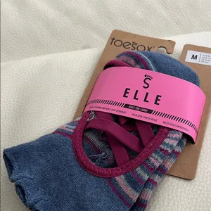 Toesox Elle Striped Toe Socks - Blue and Pink thumbnail 2