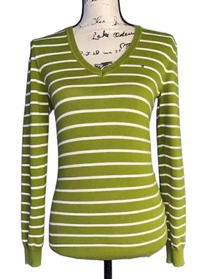 Tommy Hilfiger‎ lime & white striped v-neck sweater small thumbnail 1