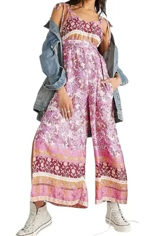 Free People Leona Floral Printed Jumpsuit Lilac Size Medium Boho Beachy Festival thumbnail 1