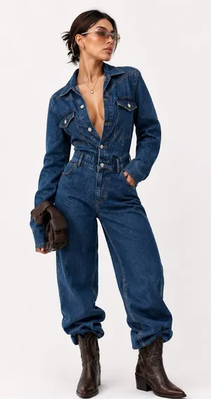 Women Denim Jumpsuit Premium Jean One Piece Outfit Casual Chic Overalls Romper thumbnail 1