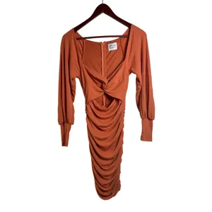 Hello Molly Dress Small Long Sleeve Cutout Ruched Mini Burnt Orange Ribbed Twist thumbnail 2