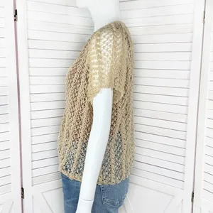 Vintage Boho Crochet Lace Sheer Topper Cardigan Button Up Tan Medium Cottagecore thumbnail 2