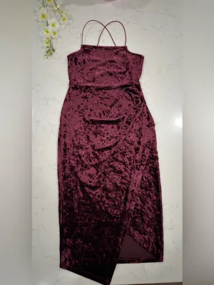 Crushed Velvet Spaghetti-Strap Midi Dress in Burgundy thumbnail 2