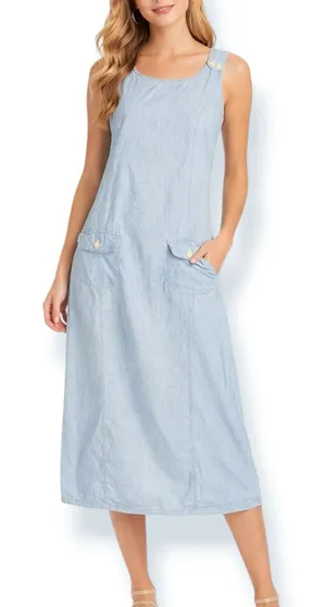 Vintage Light Wash‎ Cotton Midi Dress Sleeveless Pinafore Blue Medium Modest thumbnail 1