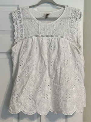 Knox Rose White Eyelet Cotton Cap Sleeve Summer Cottage Boho Lace Trim Top Large thumbnail 2