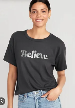 OLD NAVY Christmas Shirt Believe Holiday Tee Size Large Dark Gray Silver Graphic thumbnail 1