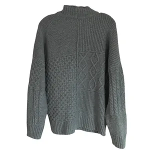 American Eagle Grey Patchwork Mixed Cable‎ Knit Mock Neck Sweater Womens Large thumbnail 8