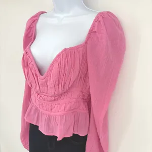 Free People Blouse Women M Pink Smocked Puff Sleeve Boho Top Festival Barbiecore thumbnail 3