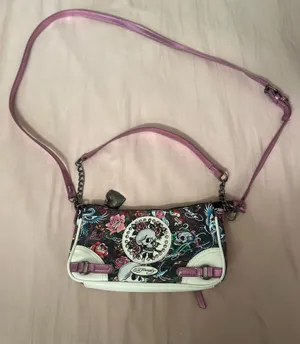 Ed Hardy Black Shoulder Bag with Pink Accents and Skull Rose Motif thumbnail 1