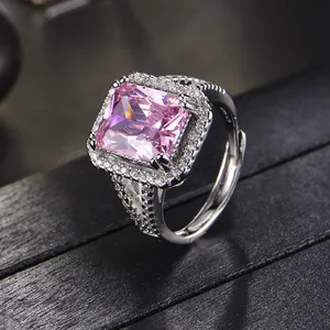 18K White Gold Plated Adjustable Birthstone Gemstone Pink Crystal Ring for Women thumbnail 2