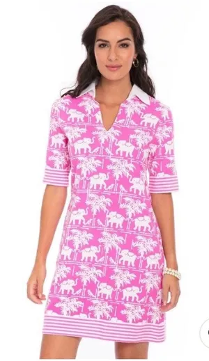 Barbara Gerwit Elephant Palm Tree Tunic Dress Womens M Pink Preppy Resort Knit thumbnail 1