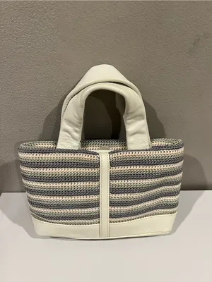 The Sak White Gray Seafoam Striped Crochet Tote Bag Leather Trim Mini Tote Purse thumbnail 14