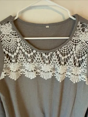Lace Yoke Gray Long-Sleeve Knit Top with Front Twist thumbnail 3