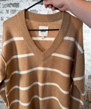 Aerie | women tan cream striped vneck sweater thumbnail 1