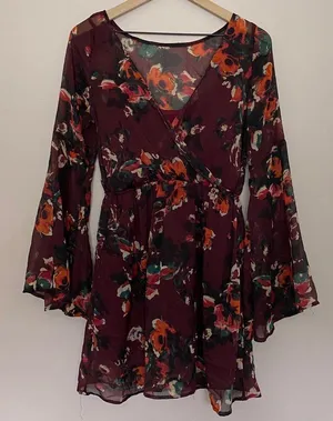 Abercrombie Burgundy Bell Sleeve Sheer Mini Dress thumbnail 1