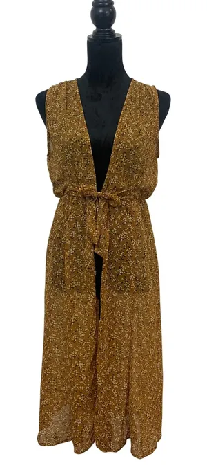 Liberty Love Women's S Boho Floral Duster Vest Mustard Yellow Sheer‎ Tie Front thumbnail 1