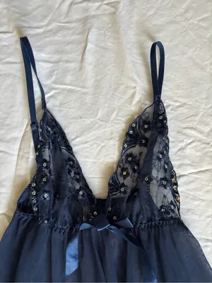 Navy Blue Lace Babydoll Nightie with Satin Bow thumbnail 4