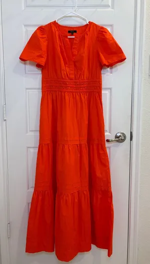 Quince 100% Organic Cotton Tiered Maxi Dress Vermilion Red XS thumbnail 1