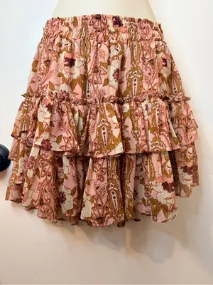 MISA Los Angeles Anthropologie MISA Nahla Mini Skirt Size M Pink Floral Ruffle Tiered Stretchy thumbnail 4